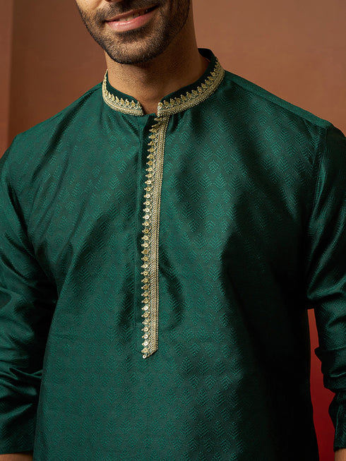 Vastramay Men Bottle Green Silk Anmol Jacquard Kurta